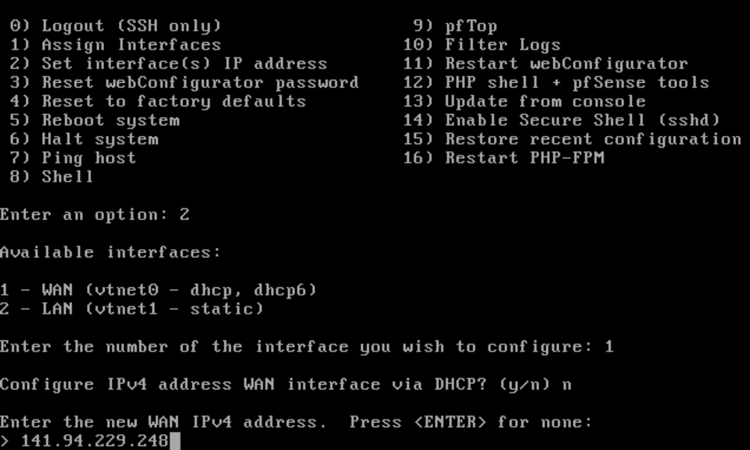 Saisie de l'adresse IP et du masque du WAN