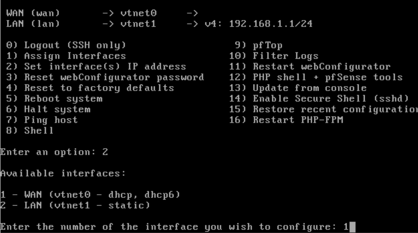 Option 2 du menu : choix de l'interface à configurer