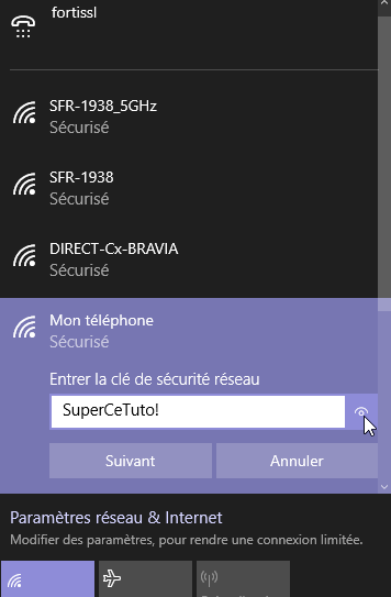 Ordinateur : sélection du réseau de l'iPhone