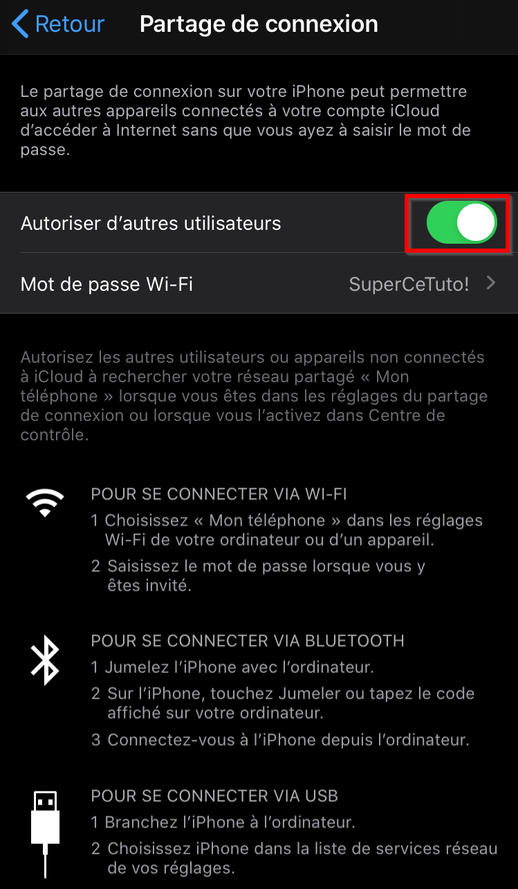 Réglages iPhone : écran Partage de connexion