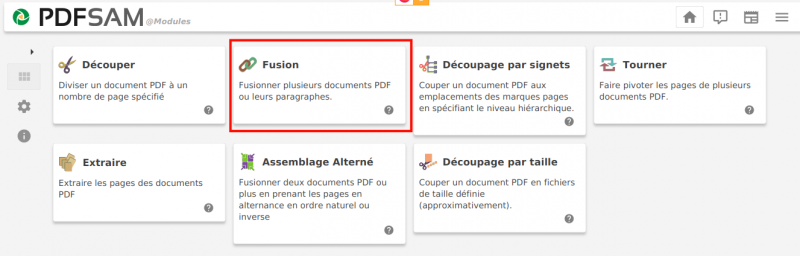 PDFsam Basic : écran d'accueil et choix de la fonction