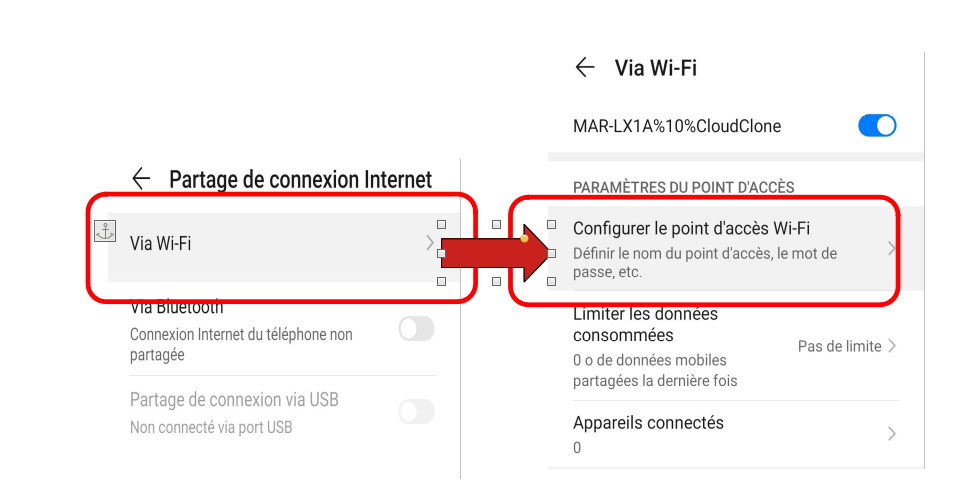 Paramètres Android : partage de connexion internet